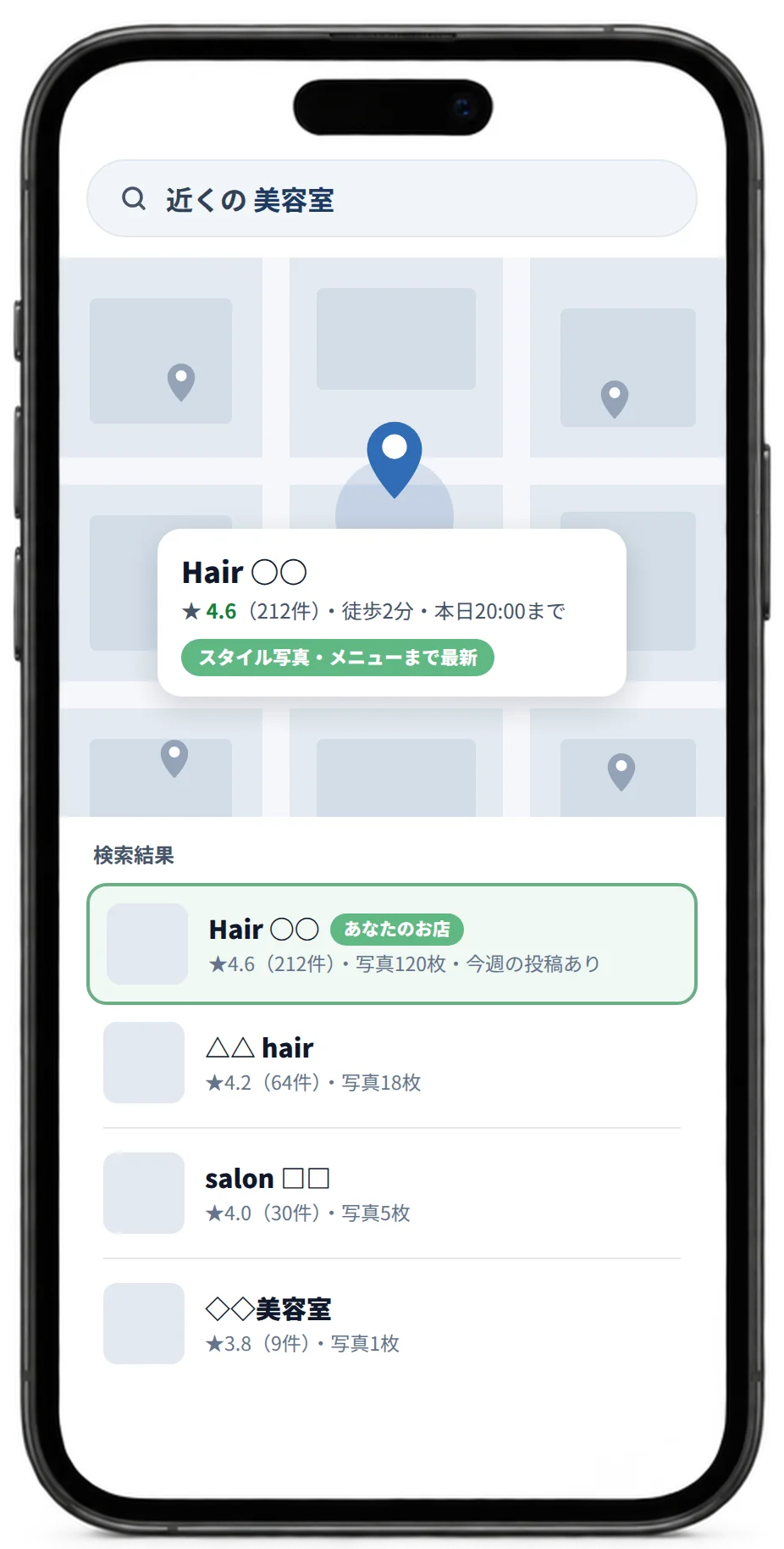 「近くの 美容室」で検索したときの地図表示のイメージ。自店のピンが目立ち、検索結果の先頭に写真の枚数と口コミ件数が並んでいる