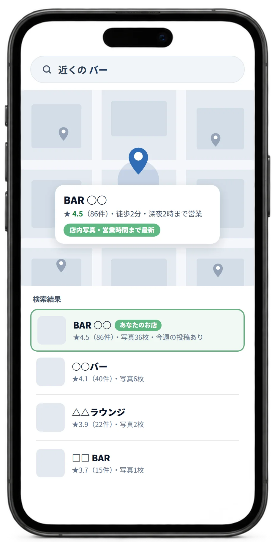 「近くの バー」で検索したときの地図表示のイメージ。自店のピンが目立ち、検索結果の先頭に店内写真の枚数と口コミ件数が並んでいる